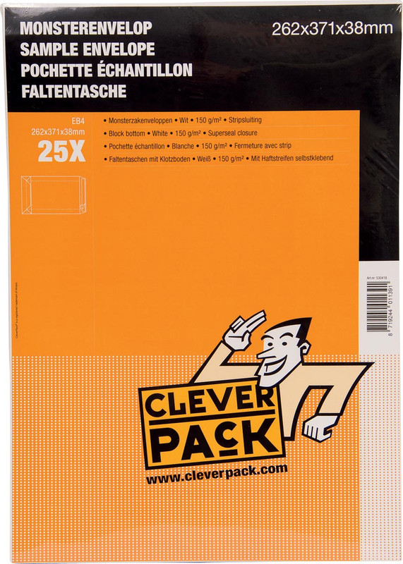 Monsterenvelop Cleverpack 262x371x38mm met strip wit (25)