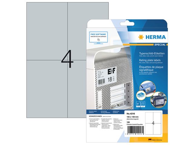 Etiketten Herma A4 4 etik/bl 105x148mm extra sterk weer- en waterbestendig zilver (25)
