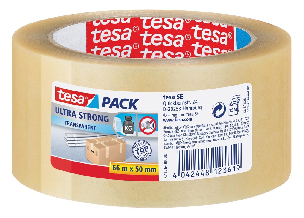 Verpakkingstape Tesa PVC 4124 Ultra Strong 50mm x 66m transparant (412450T)