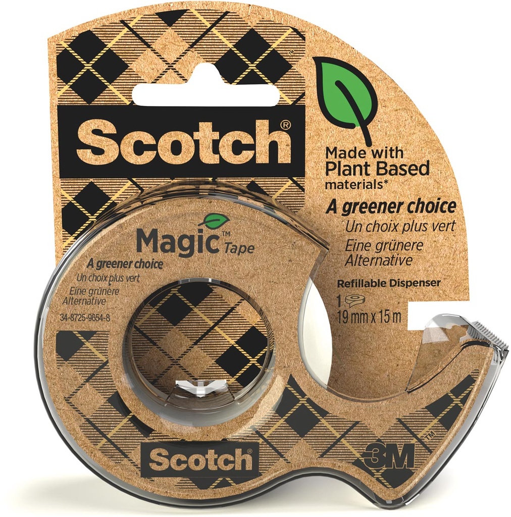 Plakband Scotch Magic Tape A greener choice 19mm x 15m op dispenser 100% gerecycleerd plastic