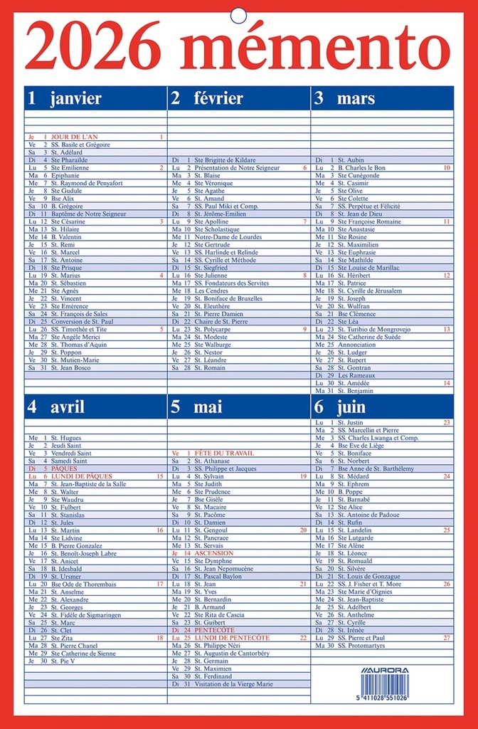 Kalender Aurora Memento 10 Franstalig 2026