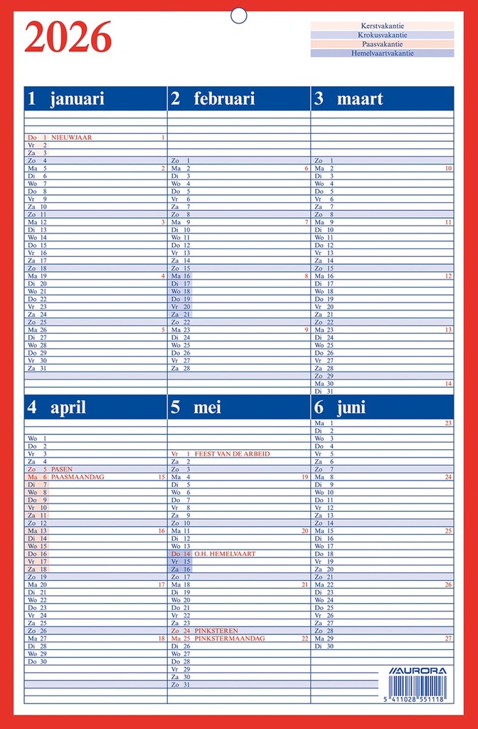 Kalender Aurora Memento 10 met schoolvakanties 210mm x 330mm NL 2026