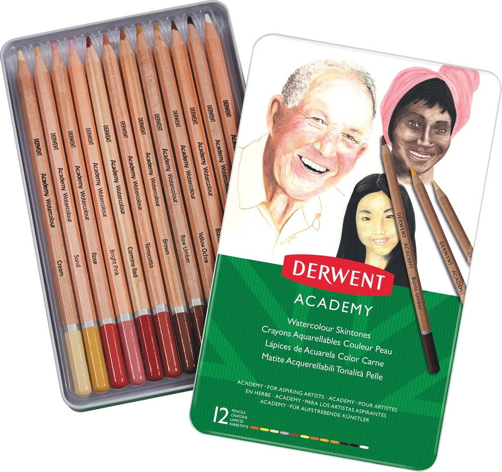 Aquarelpotlood Derwent Academy Blik 12 STUKS Assorti Huidtinten