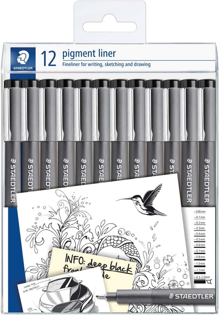 Fineliner Staedtler Pigment Liner set 0,05mm tot 2mm zwart (12)