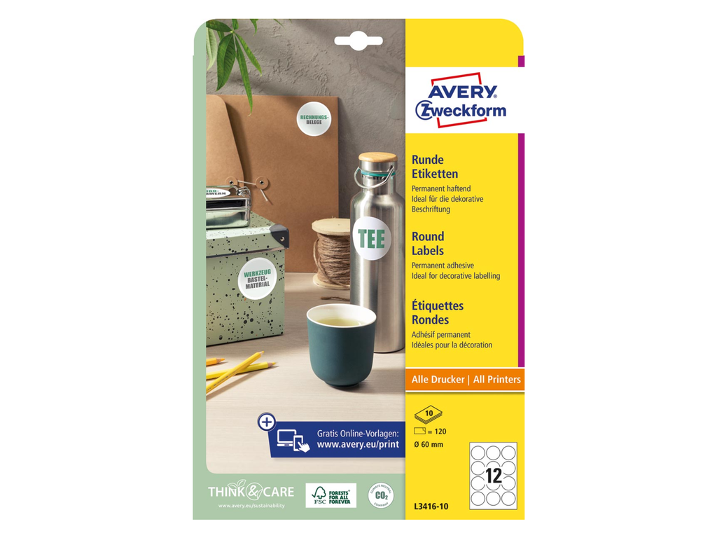 Etiketten Avery permanent klevend 12 etik/bl Ø60mm wit (10)