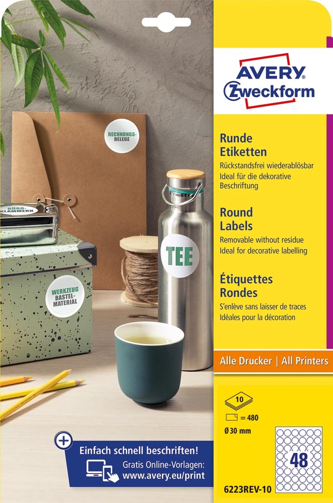 Etiketten Avery afneembare rond 48 etik/bl Ø30mm wit (480)