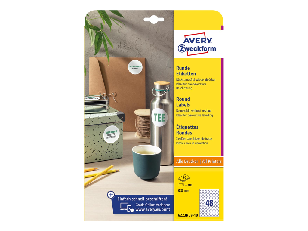 Etiketten Avery afneembare rond 48 etik/bl Ø30mm wit