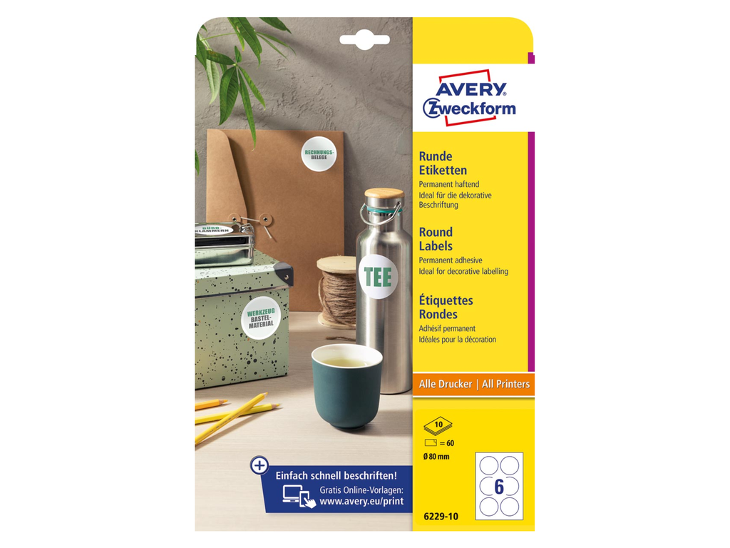 Etiket Avery permanent klevend rond 6 etiket/ Ø 80mm wit (10)