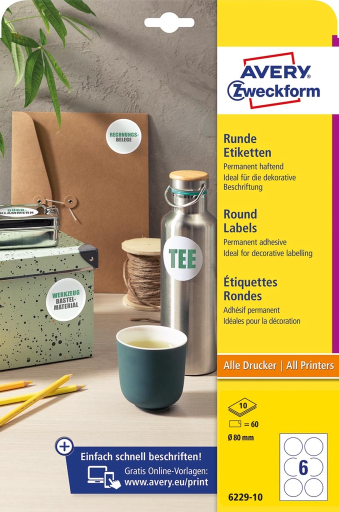 Etiket Avery permanent klevend rond 6 etiket/ Ø 80mm wit (10)