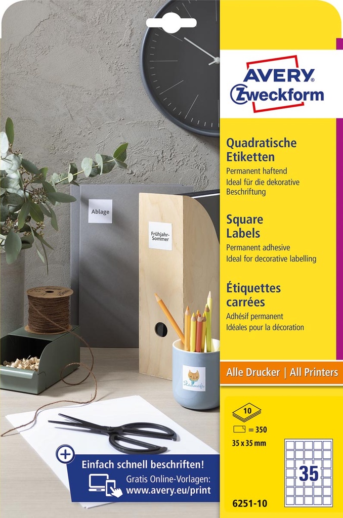 Etiket Avery permanent klevend vierkant 35 etiket/ bl 35x35mm wit (350)