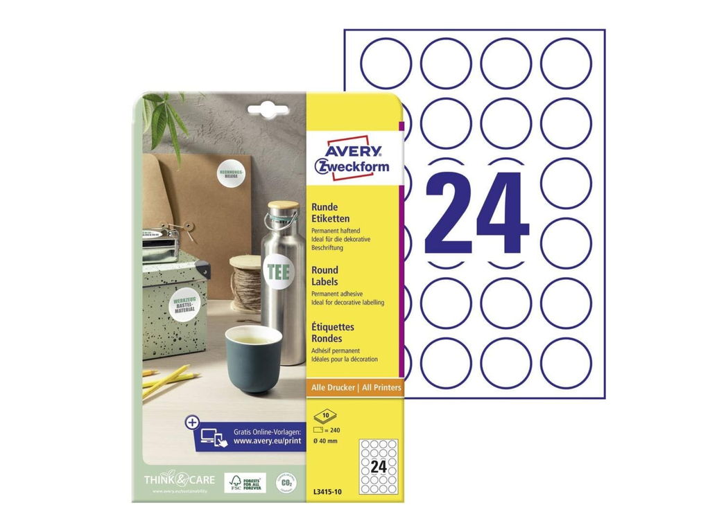 Etiketten Avery rond permanent klevend 24 Etiketten/blad Ø40mm wit (10bl/doos)
