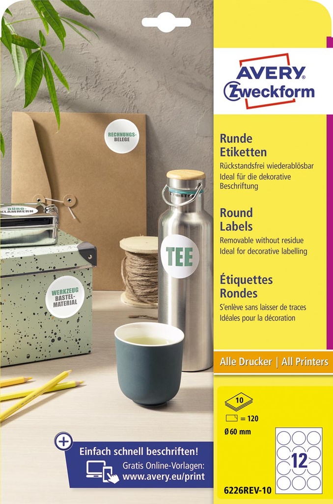 Etiket Avery afneembaar rond 12 etiket/ Ø 60mm wit (120)