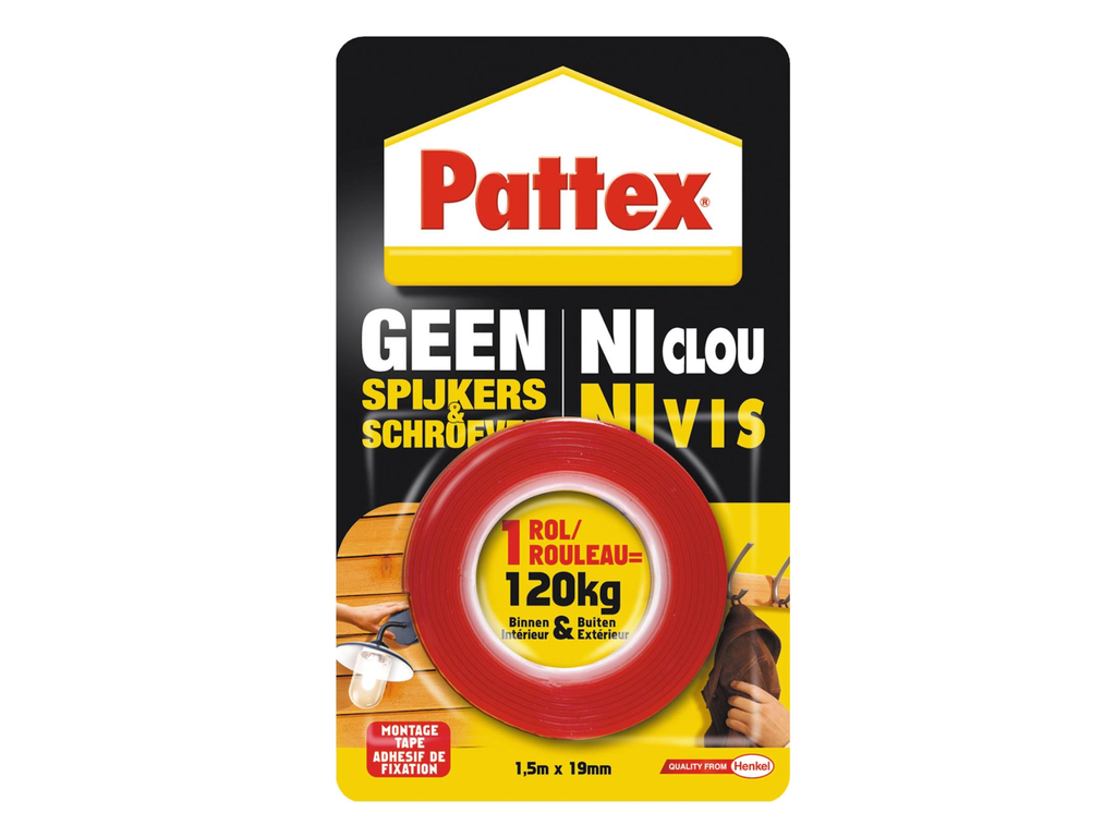 Dubbelzijdige montagetape Pattex 19mmx1,5m tot 120kg