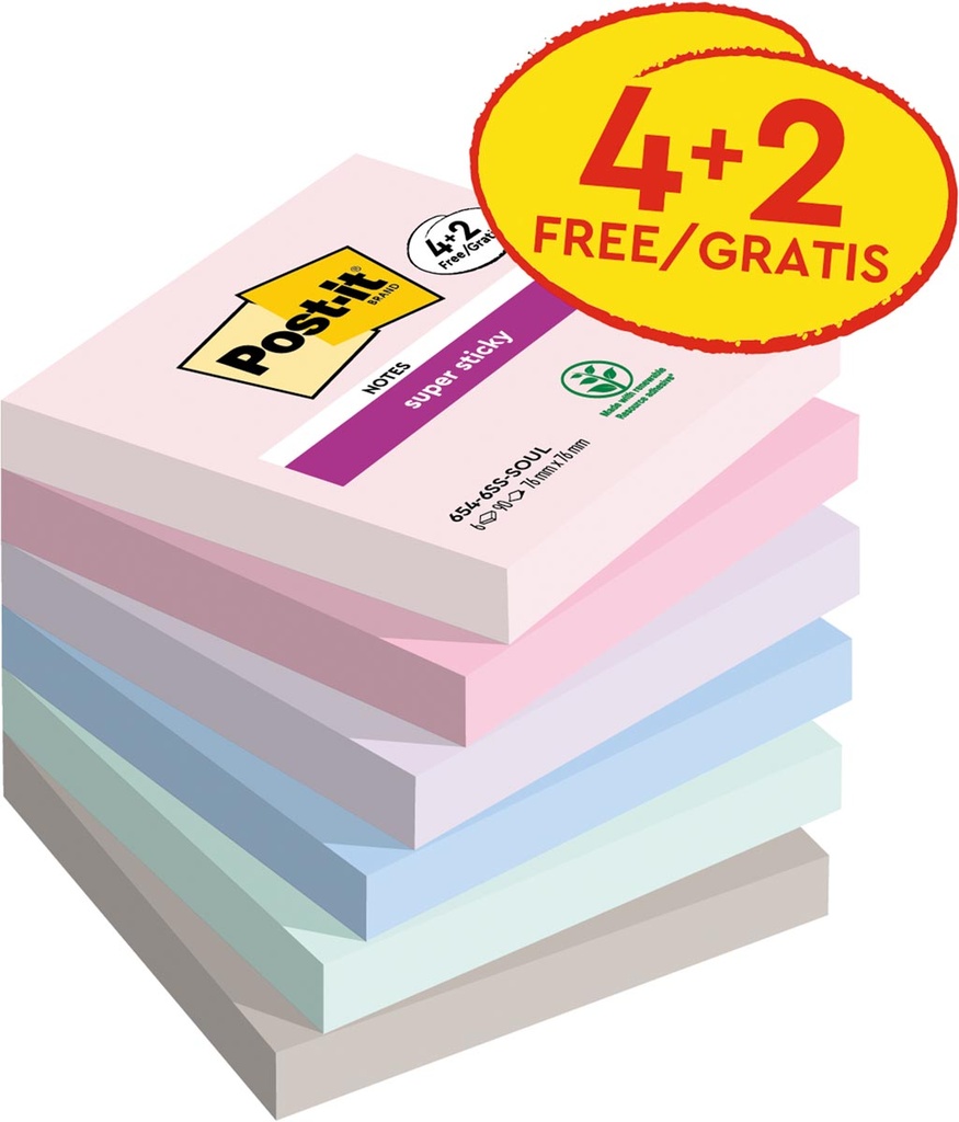 Memoblok Post-it Super Sticky 76 x 76 mm 90 vel assorti (6)