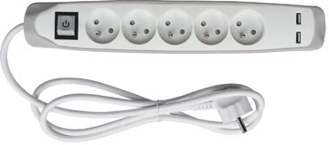 Kabeldoos met 5 stopcontacten, 2 USB poorten en schakelaar Perel 1,5m Wit en Grijs