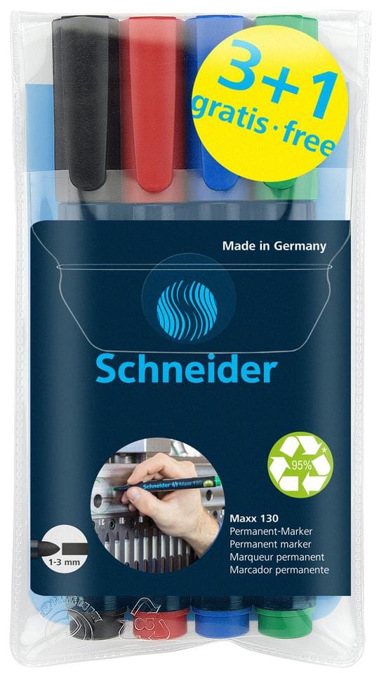 Permanent marker Schneider Maxx 130 rond 1-3mm etui assorti (3+1 gratis)