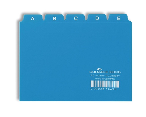 [DUR-366006] Tabkaarten A6 indeling 5/5 A-Z bedrukte tabs PP 25 stuks (blauw)