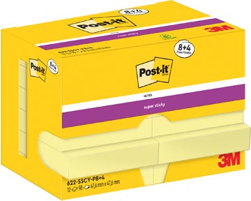 Memoblok Post-It Super Sticky Notes 47,6x47,6mm 90vel geel 8+4gratis (12)