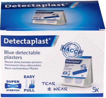 Pleister Detectaplast Tear & Wear Elastic Easy-Pull metaal detecteerbaar 25x72mm blauw (5x36)