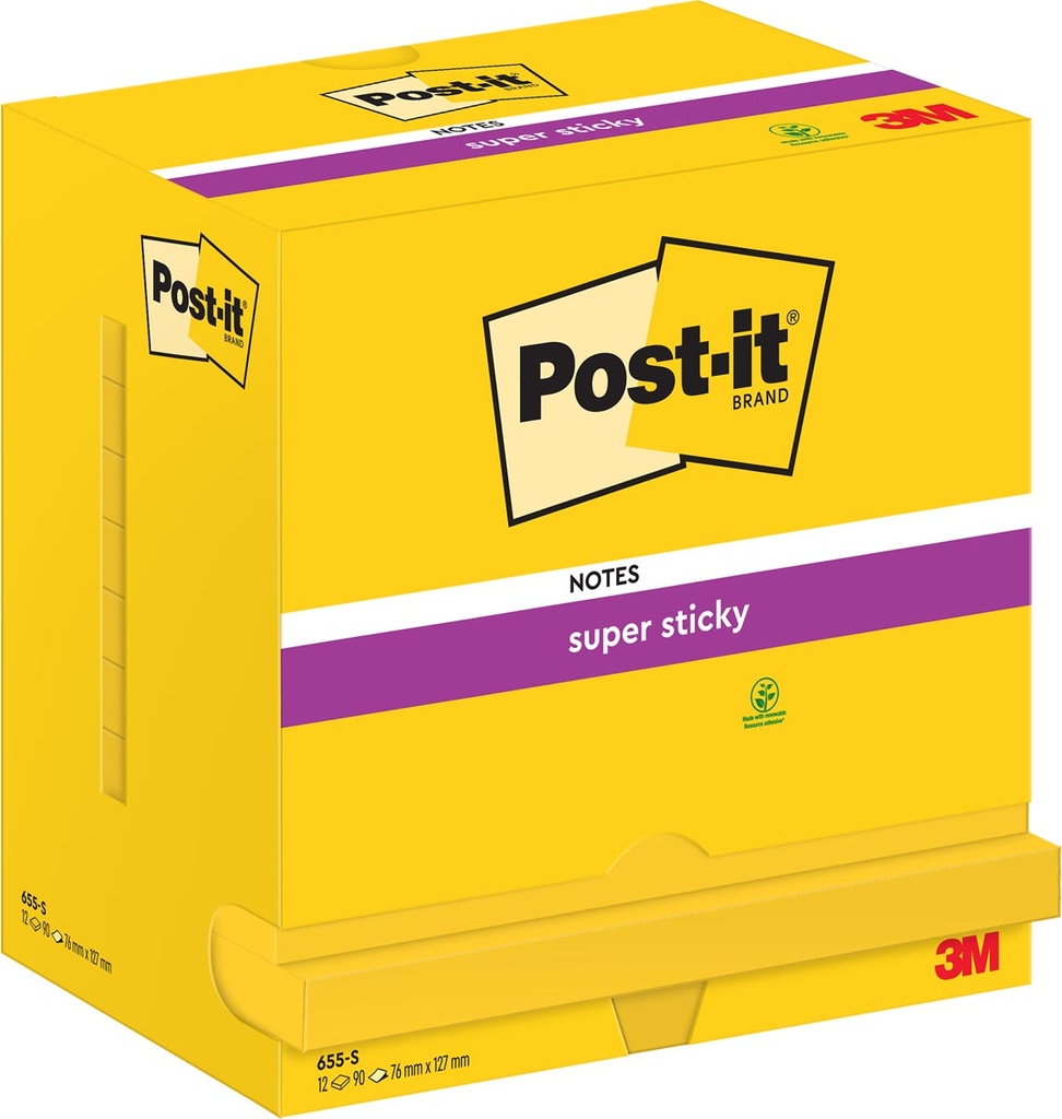 Memoblok Post-It Super Sticky Notes 76x127mm 90vel neongeel (12)