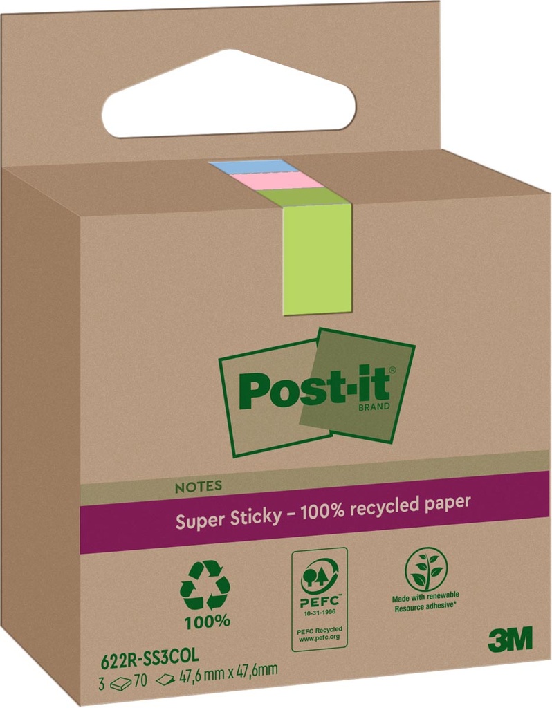 Memoblok Post-It Super Sticky Notes Recycled 47,6x47,6mm 70vel assorti (3)