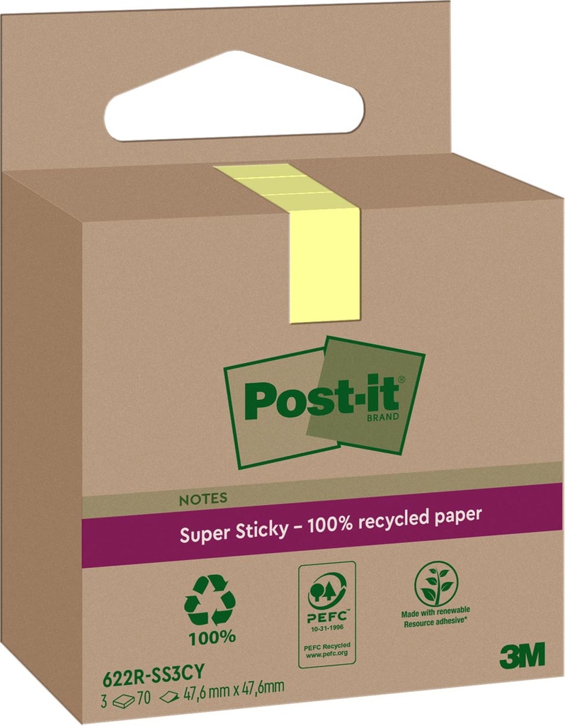 Memoblok Post-It Super Sticky Notes Recycled 47,6x47,6mm 70vel geel (3)