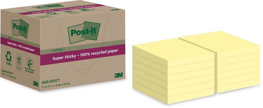 Memoblok Post-It Super Sticky Notes Recycled 76x76mm 70vel geel (12)