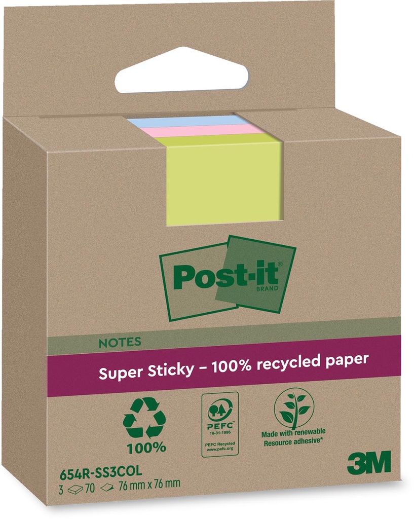 Memoblok Post-it Super Sticky Notes Recycled 76x76mm 70vel assorti (3)