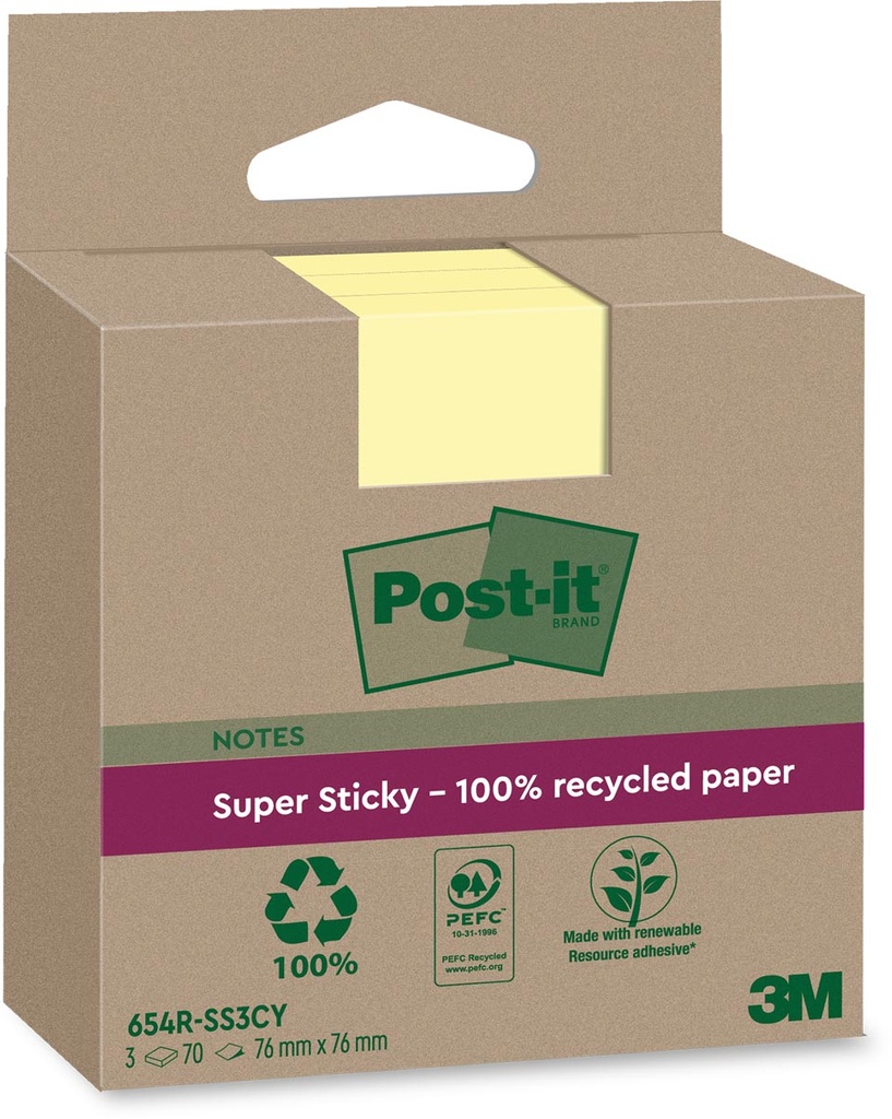 Memoblok Post-It Super Sticky Notes Recycled 76x76mm 70vel geel (3)