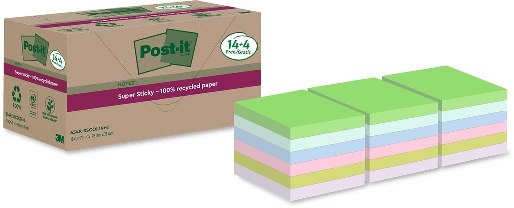Memoblok Post-It Super Sticky Notes Recycled 76x76mm 70vel assorti 14+4gratis (18)