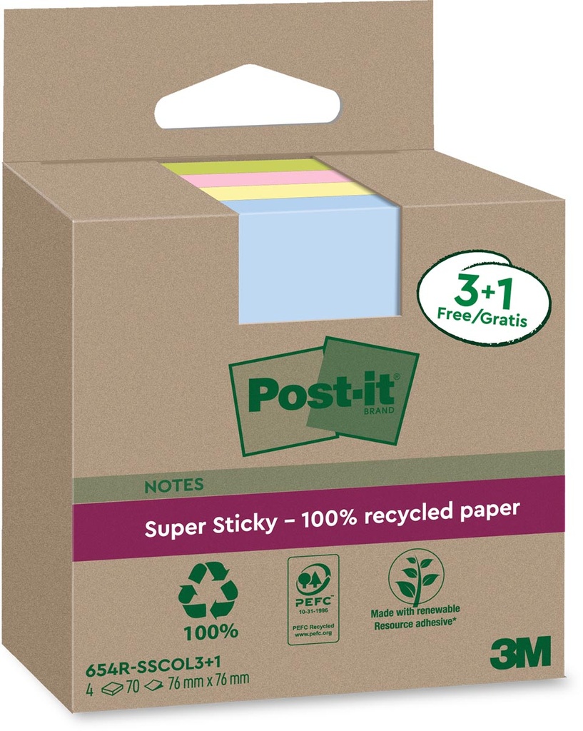 Memoblok Post-It Super Sticky Notes Recycled 76x76mm 70vel assorti 3+1gratis (4)