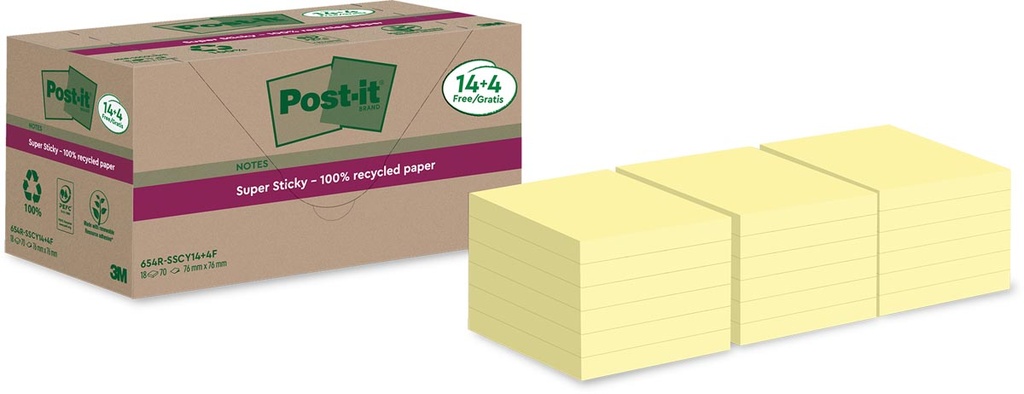 Memoblok Post-It Super Sticky Notes Recycled 76x76mm 70vel geel 14+4gratis (18)