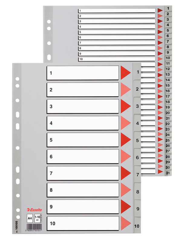 Tabbladen Esselte PP A4 1-10 11-gaats grijs