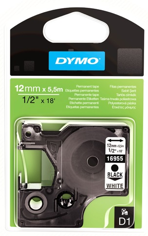 Dymo D1 tape perm poly 12mmx5,5m zwart/wit (16959)