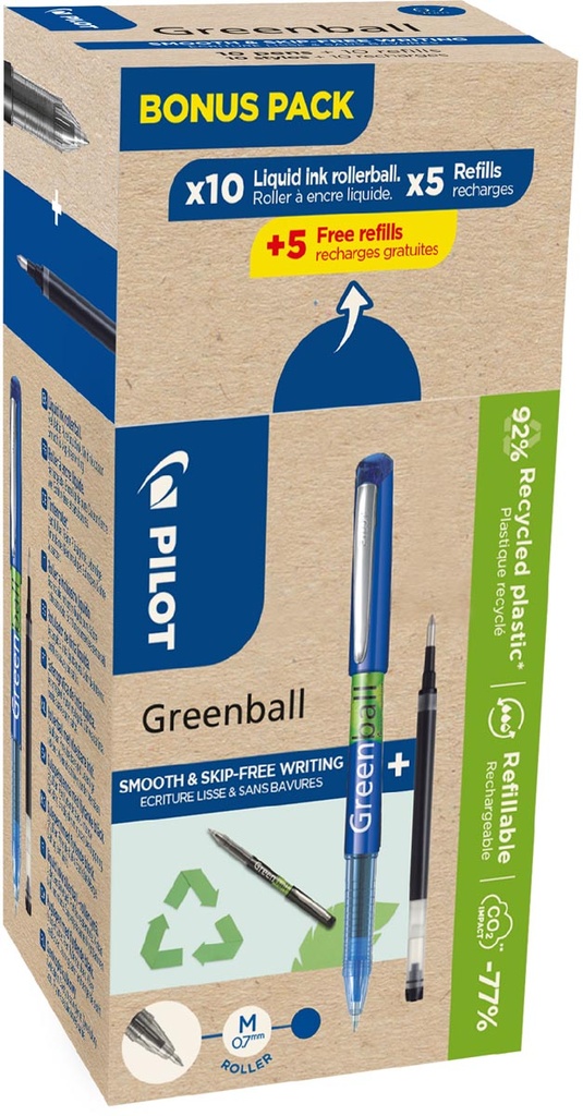 Roller Greenball Pilot 10 rollers + 10 vullingen medium punt 0,7mm blauw