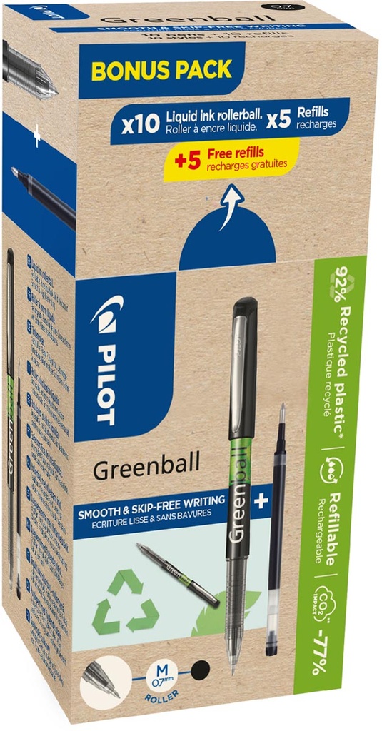 Roller Greenball Pilot 10 rollers + 10 vullingen medium punt 0,7mm zwart