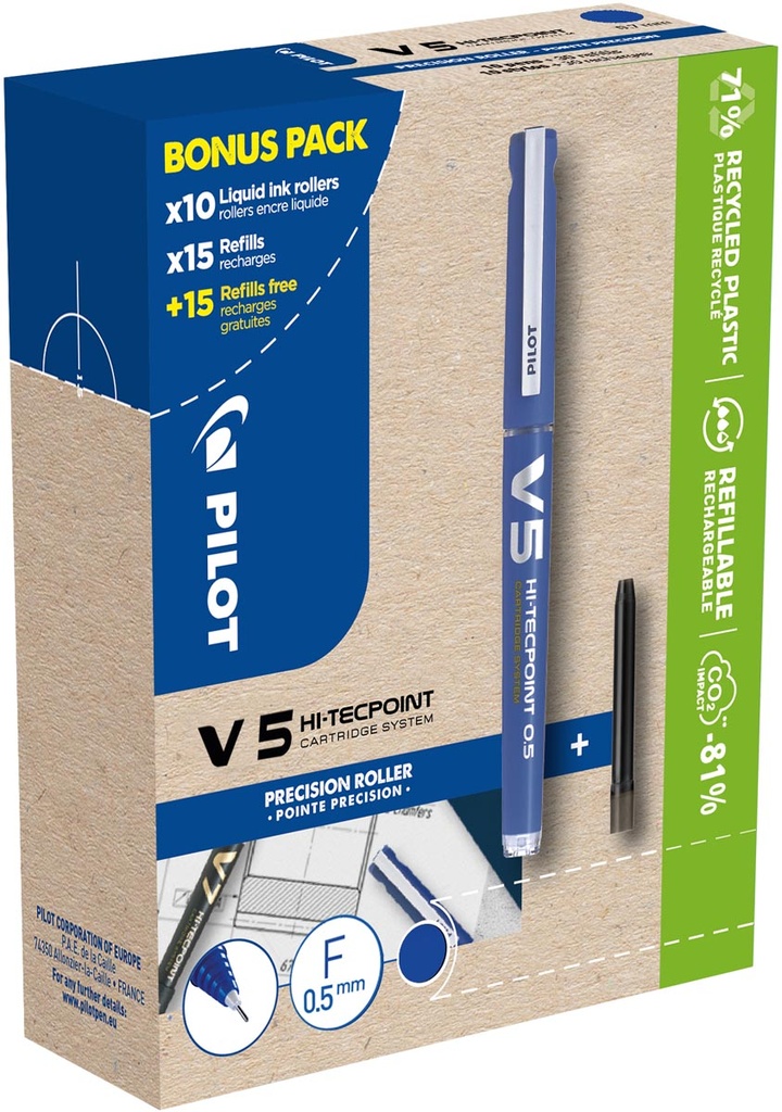 Roller Hi-Tecpoint Pilot V5 10 rollers + 30 vullingen fijne punt 0,5mm blauw 