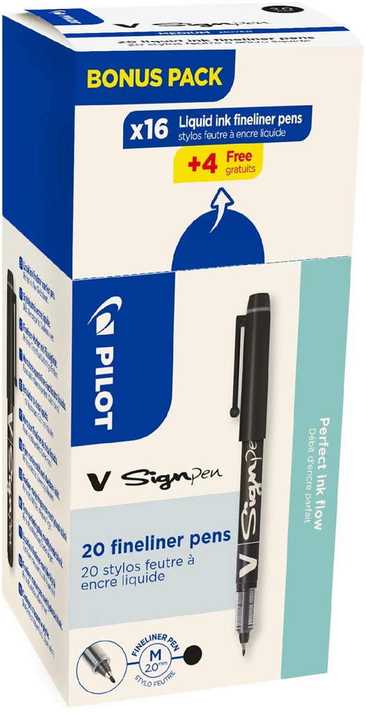 Pen Pilot fineliner V-Sign medium punt 0,6mm zwart 16+4 stuks