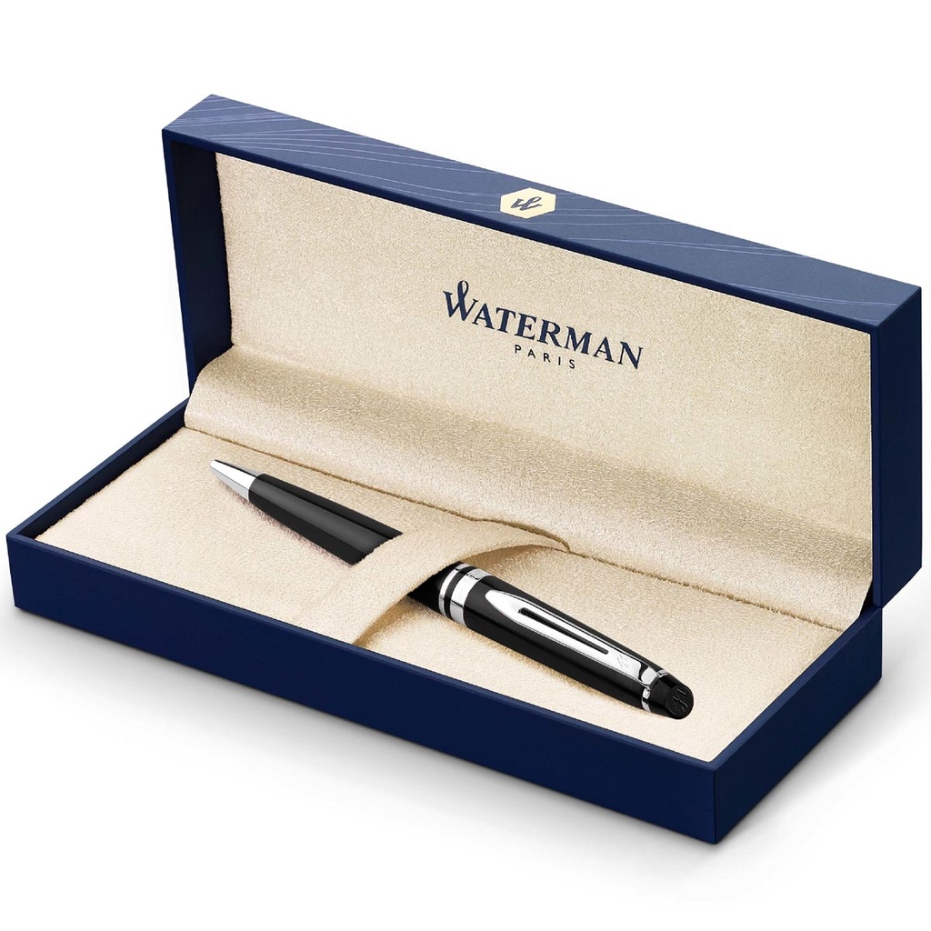 Balpen Waterman Expert blauwe inkt medium punt in giftbox zwart/zilver