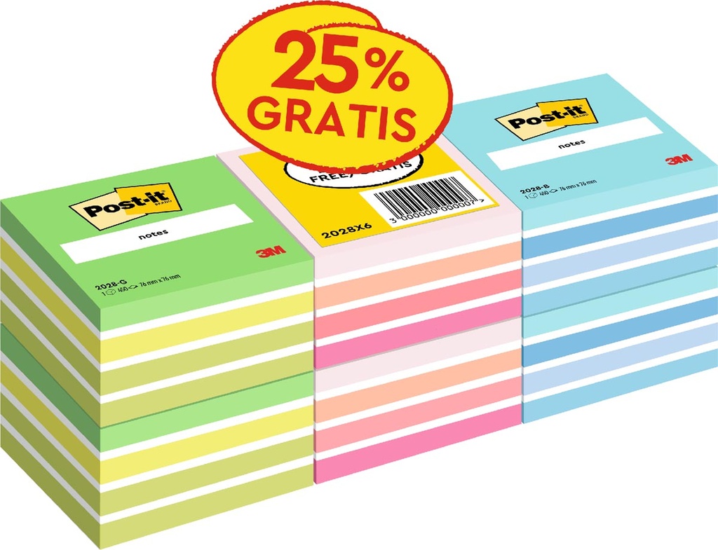 Memoblok Post-It Notes kubus 76x76mm 450vel promopak assorti (6)