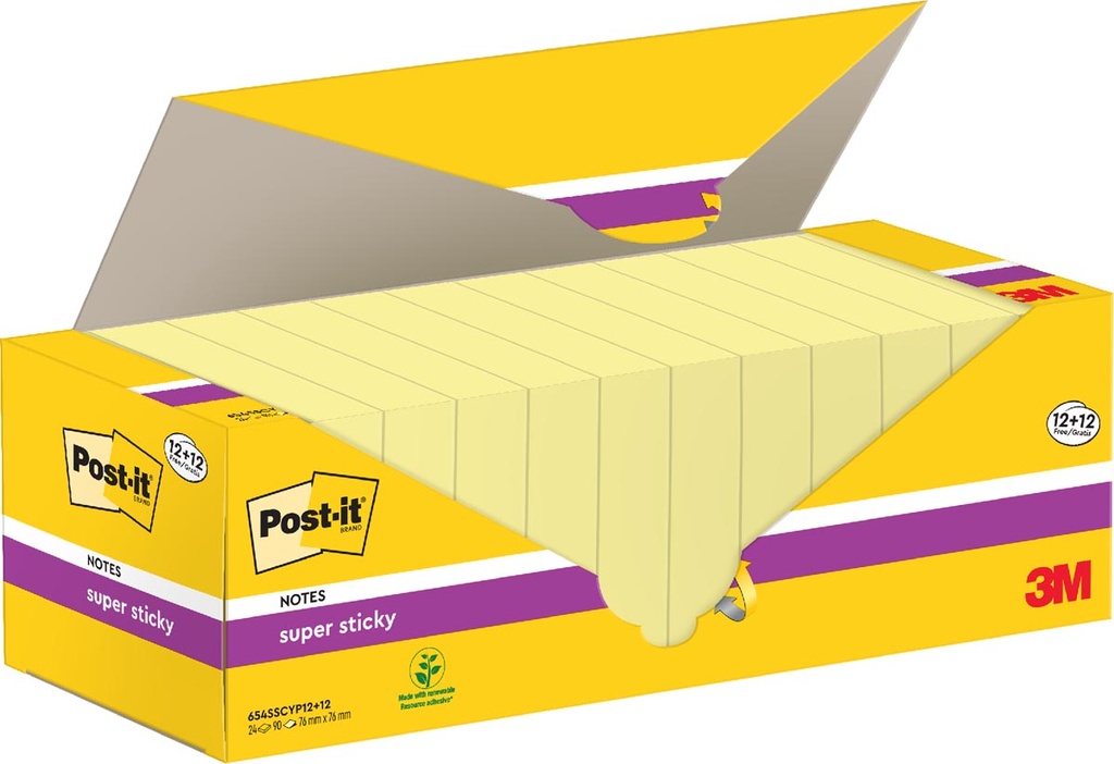 Memoblok Post-it Super Sticky Notes 76x76mm 90vel promopak geel 12+12 gratis (24)