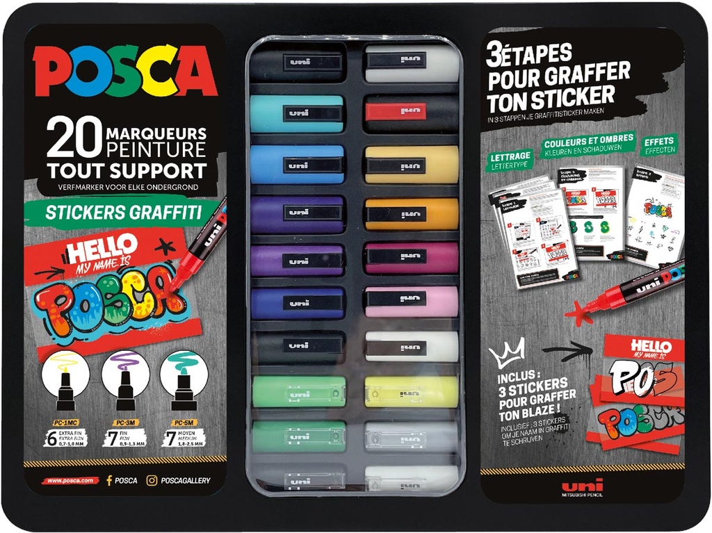 Paintmarkers Posca Stickers Graffiti metalen doos assorti (20)