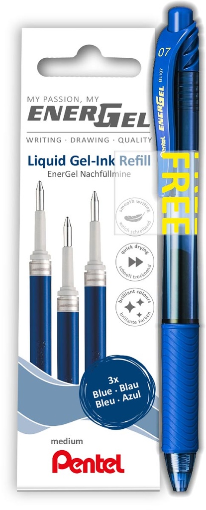 Vulling gelroller Pentel Energel incl gratis roller 0,7mm blauw (3)