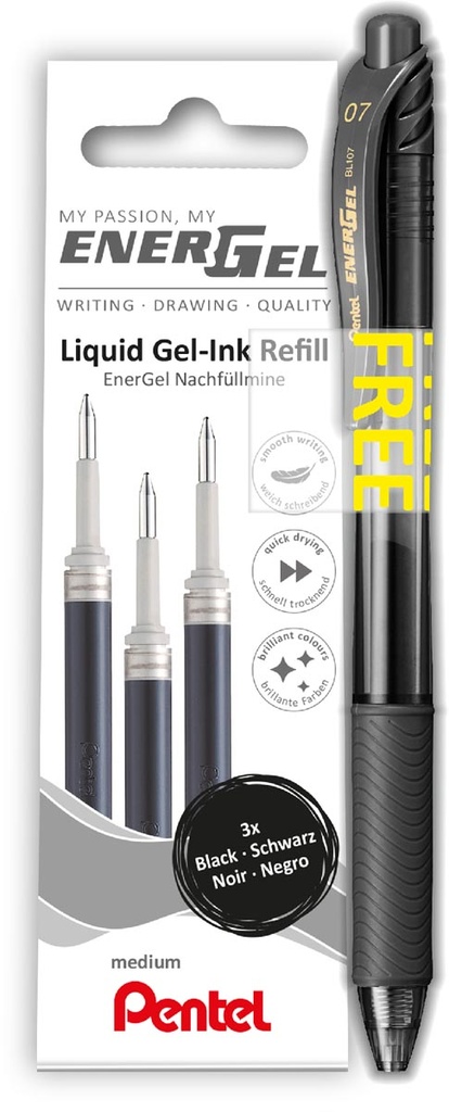 Vulling gelroller Pentel Energel incl gratis roller 0,7mm zwart (3)