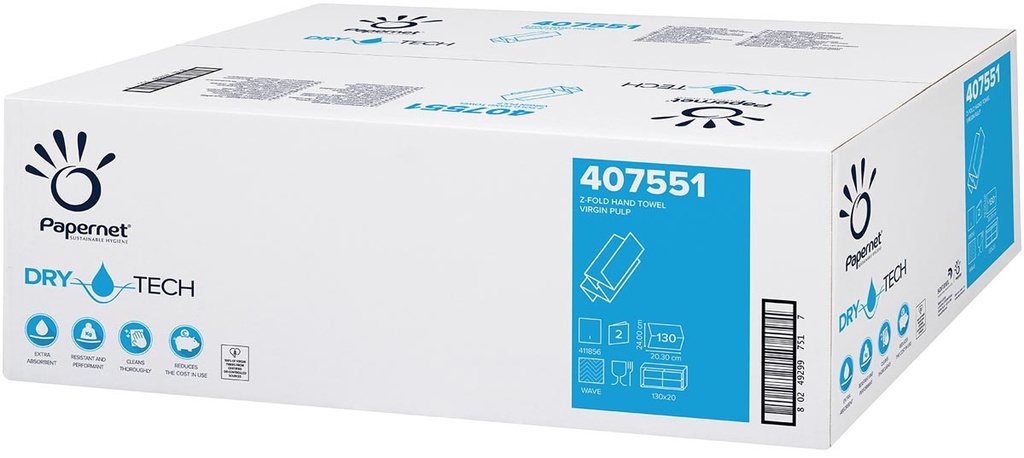 Handdoeken Papernet Dry Tech Z-vouw 20,3x24cm 2-laags 130vel wit (20)