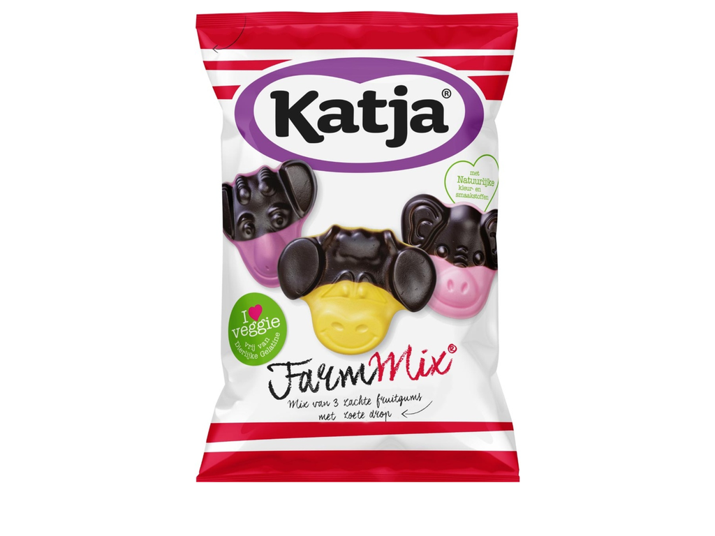 Snoep drop Katja Farm Mix mix van 3 zachte fruitgums met zoete drop zak 255g