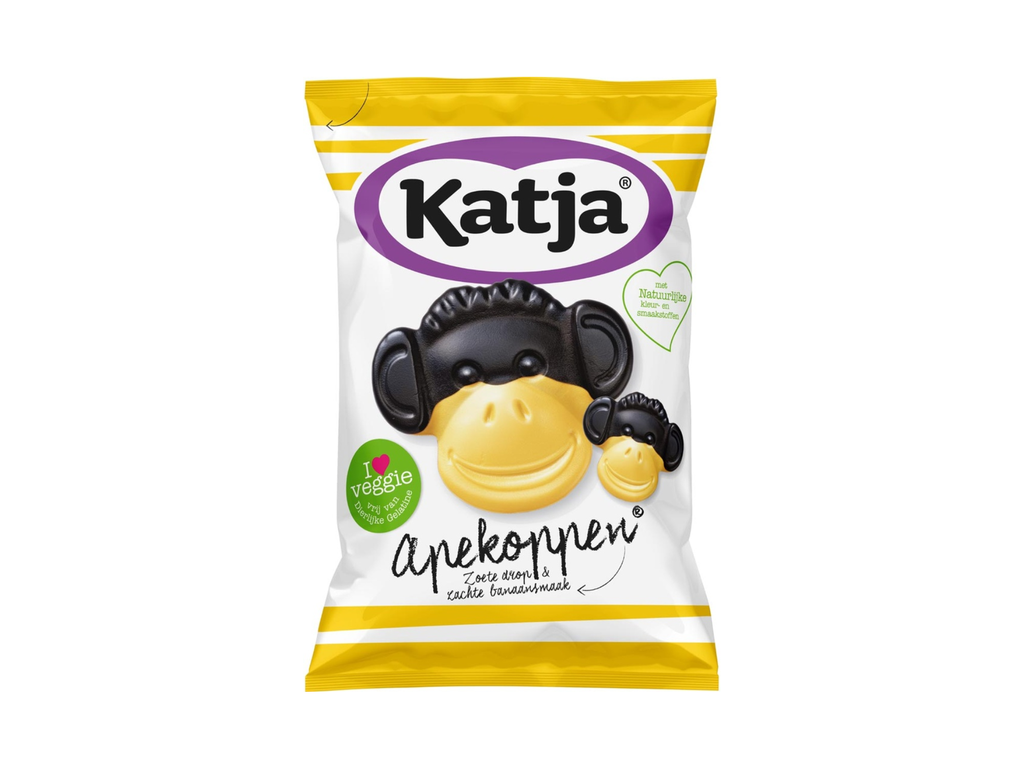 Snoep drop Katja Apekoppen zoete drop en banaansmaak zak 255g