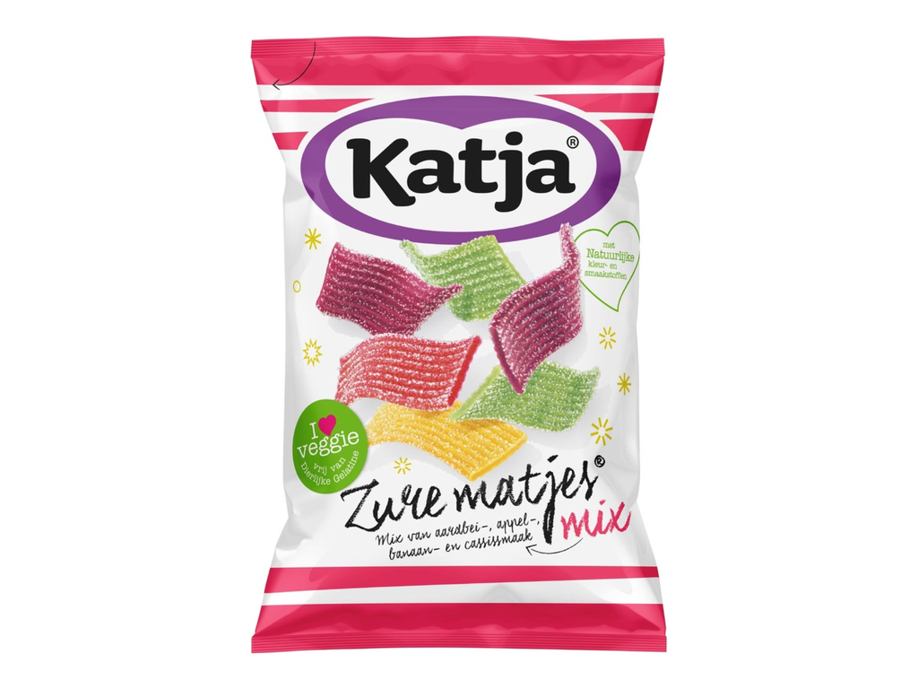 Snoep Katja Zure Matjes mix van aardbei-, appel-, banaan- en cassissmaak zak 250g