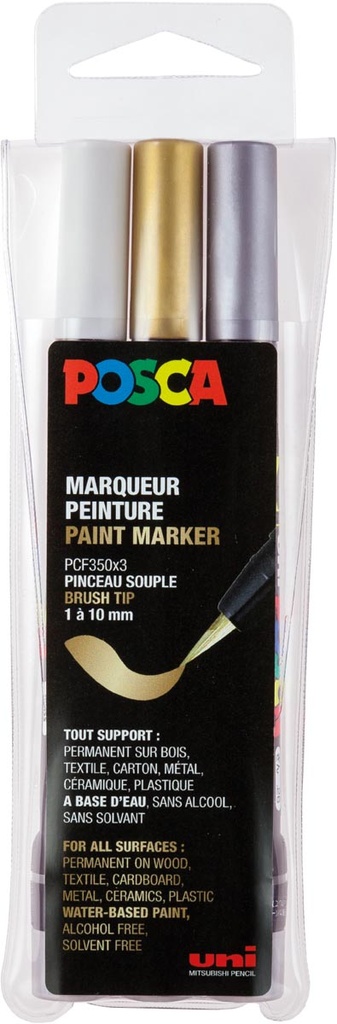 Paintmarker Posca PCF-350 brush tip goud zilver wit (3)