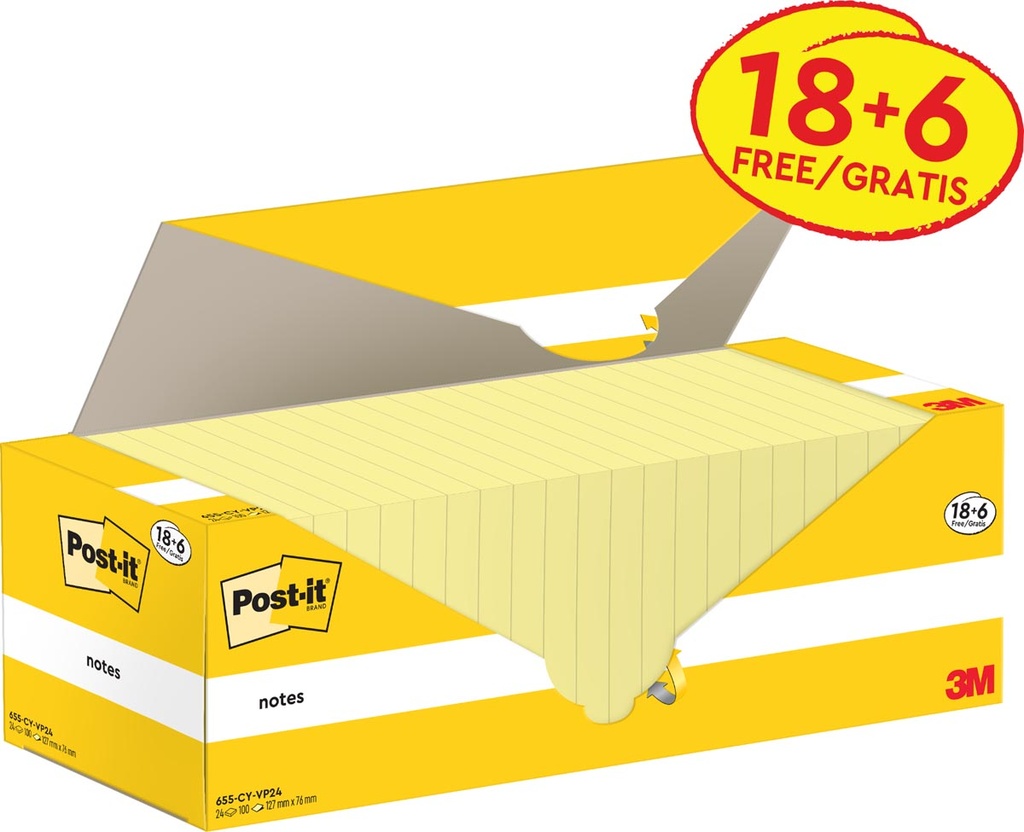 Memoblok Post-it Notes 76x127mm 100vel geel 18+6gratis (24)